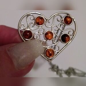 Sterling Silver Heart Pendant 18" Necklace w/6 Amber Gemstone Accents